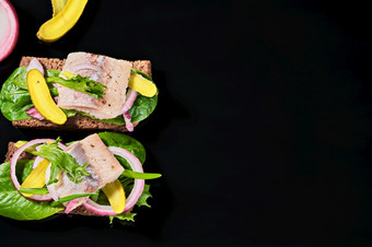 开放三明治与年轻的鲱鱼传统的丹麦斯莫雷布罗德三明治与亚斯鲱鱼是位于黑暗背景与复制空间前视图