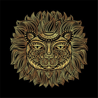 金狮子头部落模式图像狮子头黑色的背景可以使用为标志纹身星座t恤图形等向量插图金狮子头部落模式图像狮子头黑色的背景可以使用为标志纹身星座t恤图形等图片