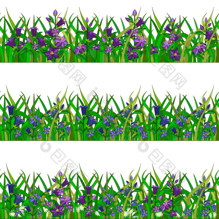 集花园花草为景观场景创建bell-flowersChamomiles草可以使用卡通游戏资产向量插图