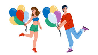 女孩和男孩与空气气球聚会，派对向量快乐男人。和女人持有氦气球和<strong>享</strong>受生日假期节日字符<strong>享</strong>受在一起平<strong>卡</strong>通插图女孩和男孩与空气气球聚会，派对向量