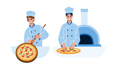 比萨 店工人准备美味的食物向量但比萨 店餐厅厨房烹饪美味的披萨在一起字符的家伙厨师准备意大利菜平卡通插图比萨 店工人准备美味的食物向量