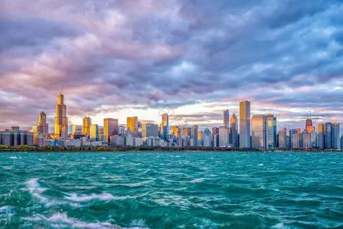 市中心芝加哥天际线日落伊利诺斯州美国图片