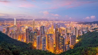全景视图维多利亚港和在香港香港天际线中国日落