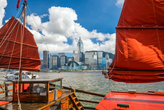 维多利亚港口和在香港香港天际线与古董船中国