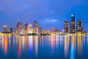 底特律天际线密歇根美国日落拍摄从温莎安大