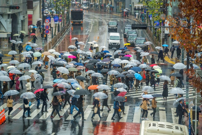 涩谷穿越从前视图下雨季节东京日本