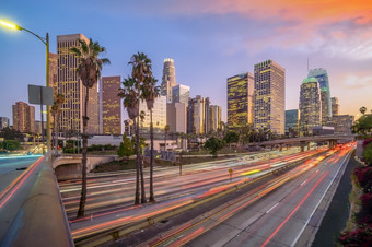 美丽的日落这些洛杉矶市中心天际线美国