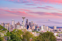 西雅图天际线全景日落见过从克里公园西雅图