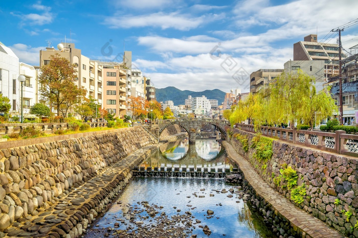 长崎城市市中心天际线城市景观与梅加涅演出桥九州日本