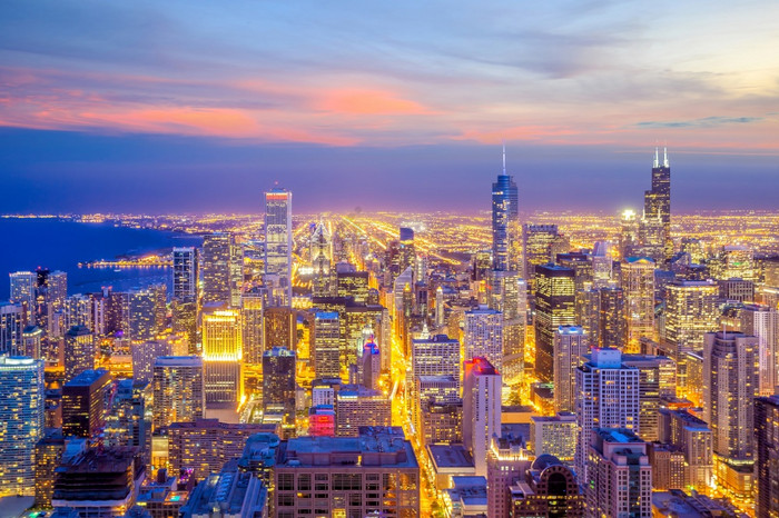 市中心芝加哥天际线日落伊利诺斯州美国图片