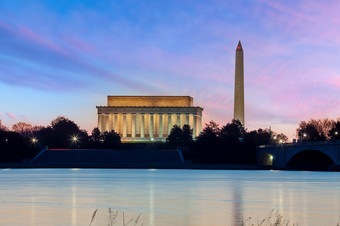 华盛顿纪念碑和林肯纪念日落华盛顿曼联州美国