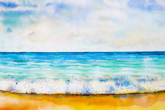 水彩海景原始绘画色彩斑斓的海视图海滩波和天际线云背景的早....<strong>明亮</strong>的自然美季节画印象派摘要<strong>图片</strong>