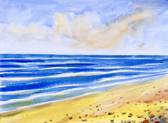 水彩海景原始绘画色彩斑斓的海视图海滩波和天际线云背景的早....明亮的自然美季节画印象派摘要图片