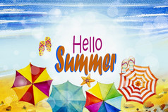 你好夏天水彩绘画横幅设计与文本海滩波和配件多色伞人字拖海星夏天假期蓝色的背景美季节画插图