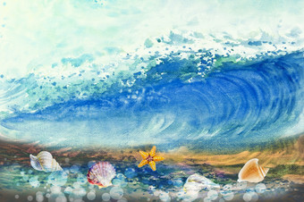 水彩绘画<strong>大海</strong>波风暴波的海<strong>背景</strong>情绪是喷的天空手画插图印象派现代