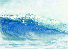 水彩绘画大海波风暴波的海背景情绪是喷的天空手画插图印象派现代