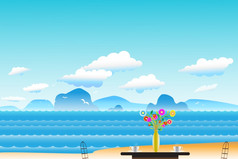 向量插图海景背景与咖啡附近花瓶和花的表格之间的群岛蓝色的颜色与水波和的鸟飞行天空云背景夏天时间