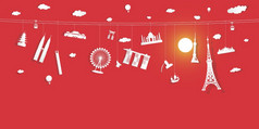 亚洲符号可爱的挂图标为的庆祝活动圣诞节和新一年与完整的月亮红色的背景旅行周围亚洲使用纸减少模式为海报和明信片