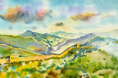的伟大的墙中国Mutianyu水彩绘画景观多色体系结构部分自然旅游旅行美丽的春天季节和天际线背景手画插图