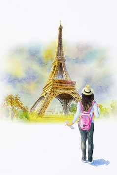 巴黎欧洲城市景观法国埃菲尔铁塔塔年轻的女人旅游和粉红色的背包水彩绘画景观旅行夏天假期白色背景手油漆插图具有里程碑意义的