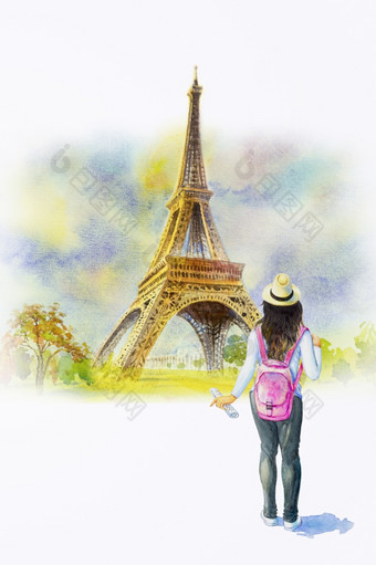 巴黎欧洲城市<strong>景观</strong>法国埃菲尔铁塔塔年轻的女人旅游和粉红色的背包水彩绘画<strong>景观</strong>旅行夏天<strong>假</strong>期白色背景手油漆插图具有里程碑意义的