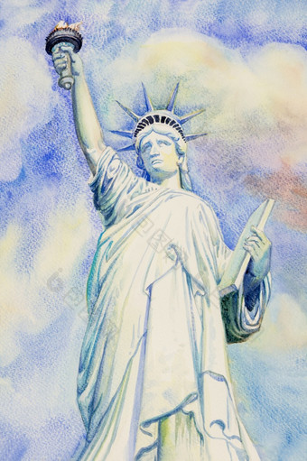 水彩绘画的雕像自由新纽约美国的天际线美丽的夏天和的背景情绪是的紫色的蓝色的天空手画插图复制空间背景