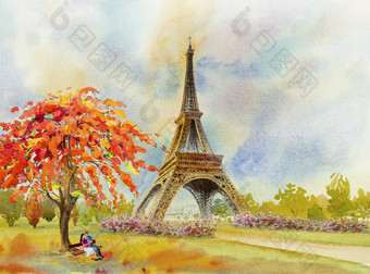 巴黎欧洲城市具有里程碑意义的<strong>法国埃菲尔铁塔</strong>塔和夫妇情人男人。女人坐着的板凳上下的树现代艺术花花园水彩绘画插图婚礼情人节一天