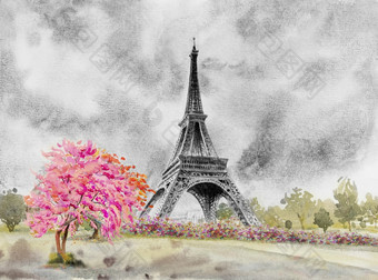 巴黎欧洲城市著名的具有里程碑意义的的世界法国埃菲尔铁塔塔和<strong>花</strong>粉红色的红色的颜色樱桃开<strong>花花</strong>园与春天季节现代艺术水<strong>彩绘</strong>画插图复制空间