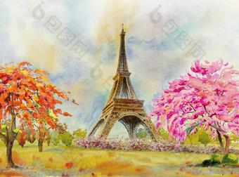 巴黎欧洲城市著名的具有里程碑意义的的世界法国埃菲尔铁塔塔和花粉红色的红色的颜色樱桃开花花园与春天季节现代艺术水彩绘画插图复制空间