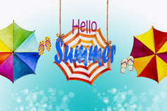 多彩色的伞绘画水彩前视图色彩斑斓的你好夏天假期和旅游业务海海滩度假胜地市场纹理背景手画摘要插图空间
