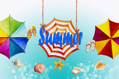 多彩色的伞绘画水彩前视图色彩斑斓的夏天假期和旅游业务海海滩度假胜地纹理背景手画摘要插图复制空间