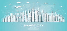 无线沟通聪明的城市和网络技术中间东摩天大楼蓝色的背景现代聪明的城市和体系结构未来主义的全景视图向量插图网络城市