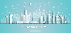技术无线网络沟通聪明的城市和图标与体系结构沙特阿拉伯市中心摩天大楼蓝色的背景向量插图未来主义的绿色城市和全景视图