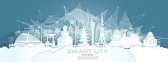 技术无线网络沟通聪明的城市与体系结构日本市中心摩天大楼蓝色的背景向量插图未来主义的绿色城市和全景视图