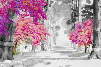 水彩景观绘画黑色的和白色隧道树与粉红色的樱桃开花街视图情感农村社会自然<strong>美背</strong>景手画半摘要插图亚洲