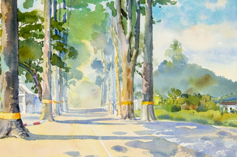 水彩景观绘画色彩斑斓的隧道树村街视图情感农村社会自然美夏天背景手画半摘要插图亚洲