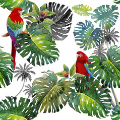 热带无缝的树叶模式与金刚鹦鹉鸟水彩热带画鸟和monstera绿色植物棕榈树热带绿色纹理绘画插图