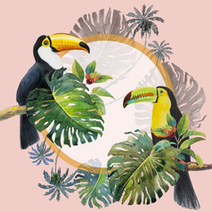 热带夏天树叶与巨嘴鸟鸟水彩手画鸟和monstera绿色植物棕榈树热带绿色纹理绘画插图粉红色的背景