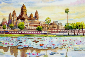 吴哥什么寺庙柬埔寨东南亚洲水彩绘画景观色彩斑斓的体系结构部分自然旅游旅行美丽的季节和天空背景手画插图