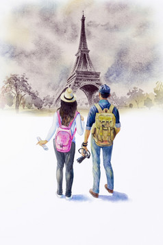 巴黎欧洲城市景观法国埃菲尔铁塔塔年轻的男人。和女人旅游与背包水彩绘画景观旅行夏天假期手画插图受欢迎的具有里程碑意义的