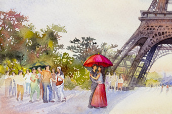 巴黎欧洲城市景观法国埃菲尔铁塔塔和夫妇情人男人。女人伞红色的<strong>花花</strong>园树水<strong>彩绘</strong>画插图婚礼情人节一天问候