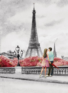 绘画巴黎欧洲城市景观法国埃菲尔铁塔塔和夫妇年轻的男人。女人的街视图黑色的和白色背景水彩绘画插图假期旅行情人节一天