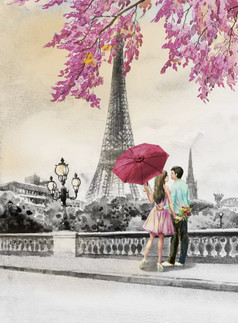 绘画巴黎欧洲城市景观法国埃菲尔铁塔塔和夫妇年轻的男人。女人的街与红色的伞水彩绘画插图假期旅行情人节一天