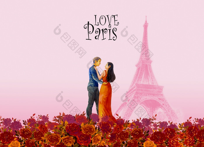 绘画世界具有里程碑意义的巴黎欧洲城市景观法国埃菲尔铁塔塔著名的与红色的玫瑰浪漫的和爱夫妇旅游水彩绘画插图古董风格粉红色的背景