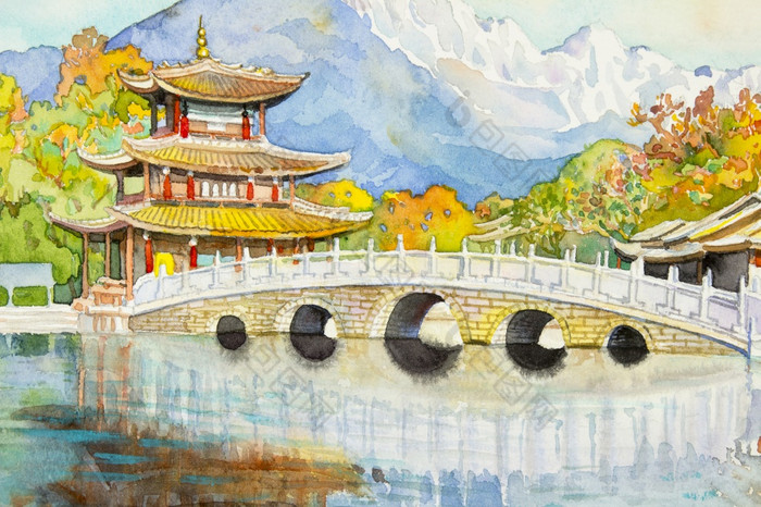 水彩绘画具有里程碑意义的黑色的龙池著名的池塘的风景优美的玉春天公园丽江云南省中国著名的旅游吸引力亚洲绘画插图