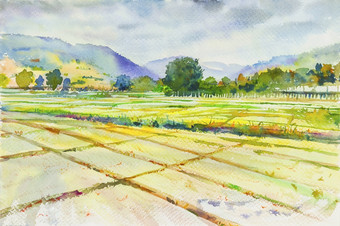 水彩景观<strong>绘画</strong>玉米田和山情感克劳德背景<strong>原始绘画</strong>