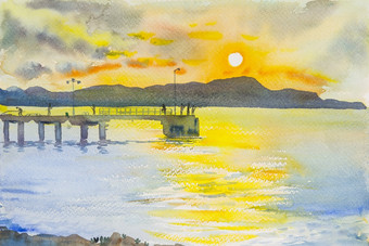 水彩原始海景绘画日落色彩斑斓的山和情感橙色克劳德背景