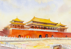 绘画著名的具有里程碑意义的旅游位置北京被禁止的城市风景中国水彩绘画景观色彩斑斓的体系结构角视图旅行概念手画插图