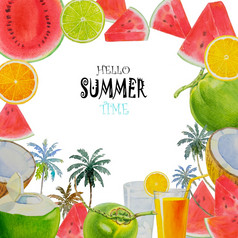 你好夏天时间绘画水果与西瓜椰子和橙色手画水彩绘画色彩斑斓的插图海报壁纸为有趣的聚会，派对邀请横幅白色背景