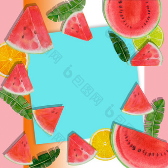 你好夏天时间绘画明亮的水果西瓜柠檬手画水彩绘画色彩斑斓的插图海报壁纸为有趣的聚会，派对邀请卡横幅蓝色的空间背景